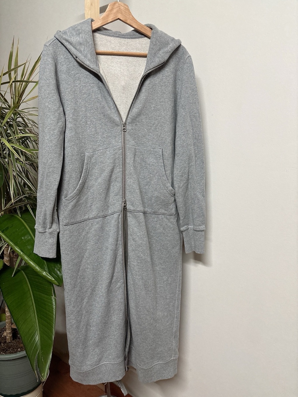 Women's Gray Hooded Zip Front Long Sweatshirt Dress Coat